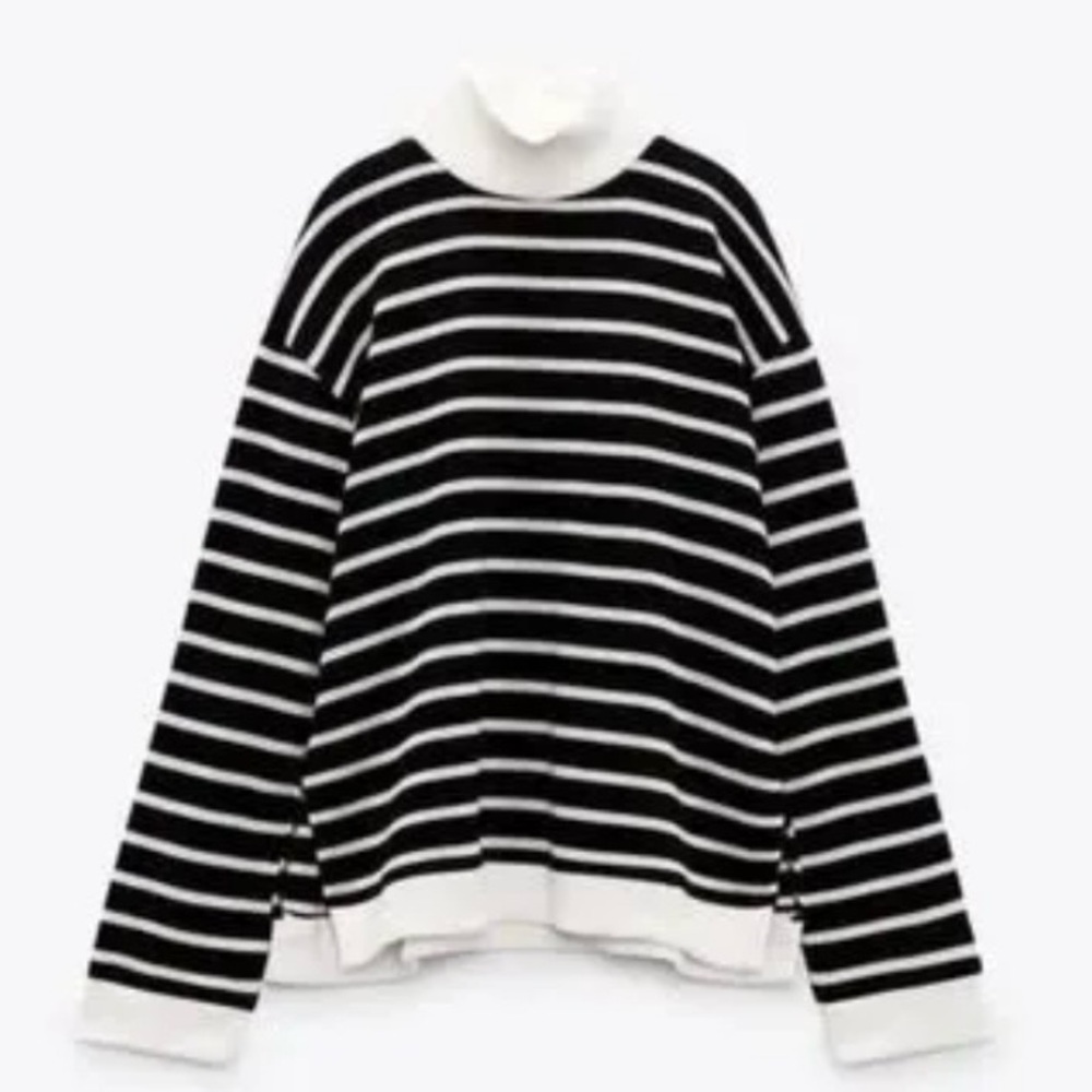 Zara black and white striped mock neck sweater, size medium